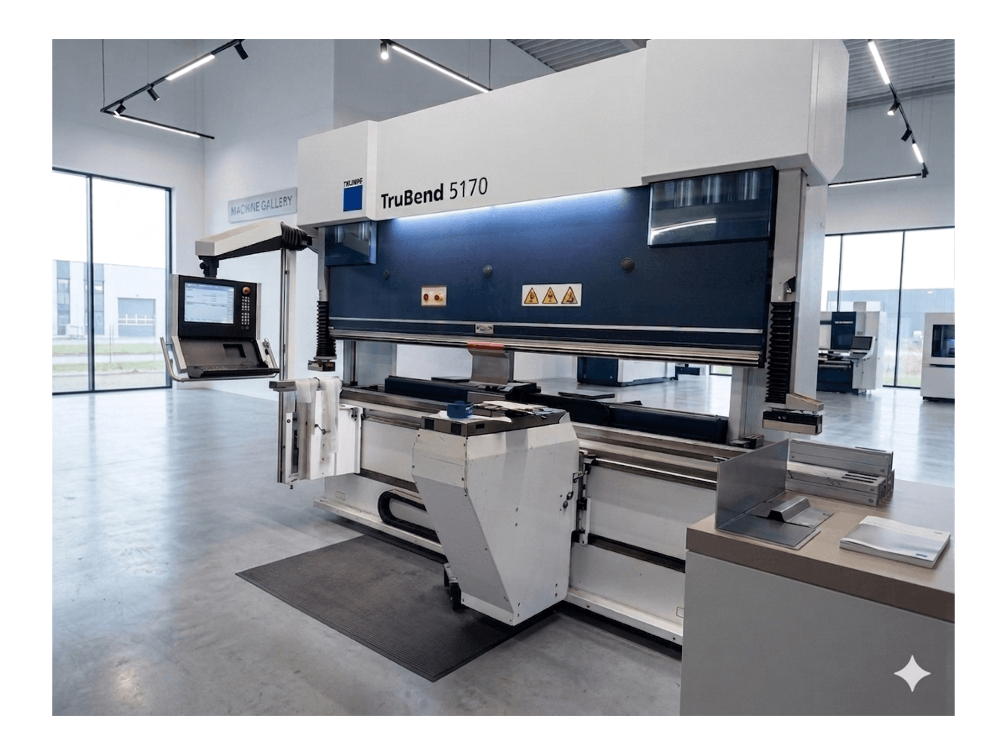 TruBend 5170 kantpress från TRUMPF, framifrån med kontrollpanel och bockbord, visar modern maskindesign.