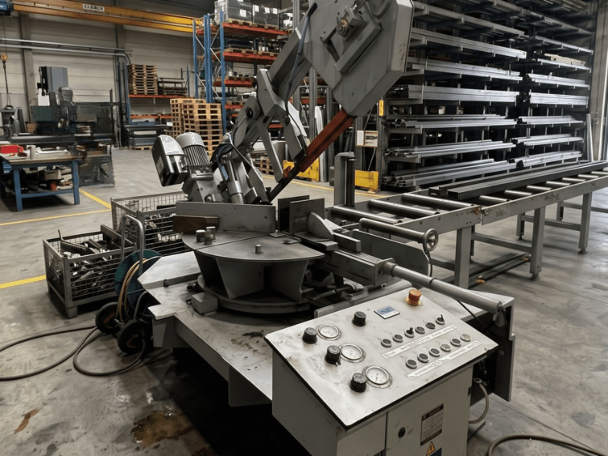 Metallbandsågen MEBA MEBASwing 320 DG i en verkstad, sedd från sidan, med kontrollpanelen och sågbladet synliga.
