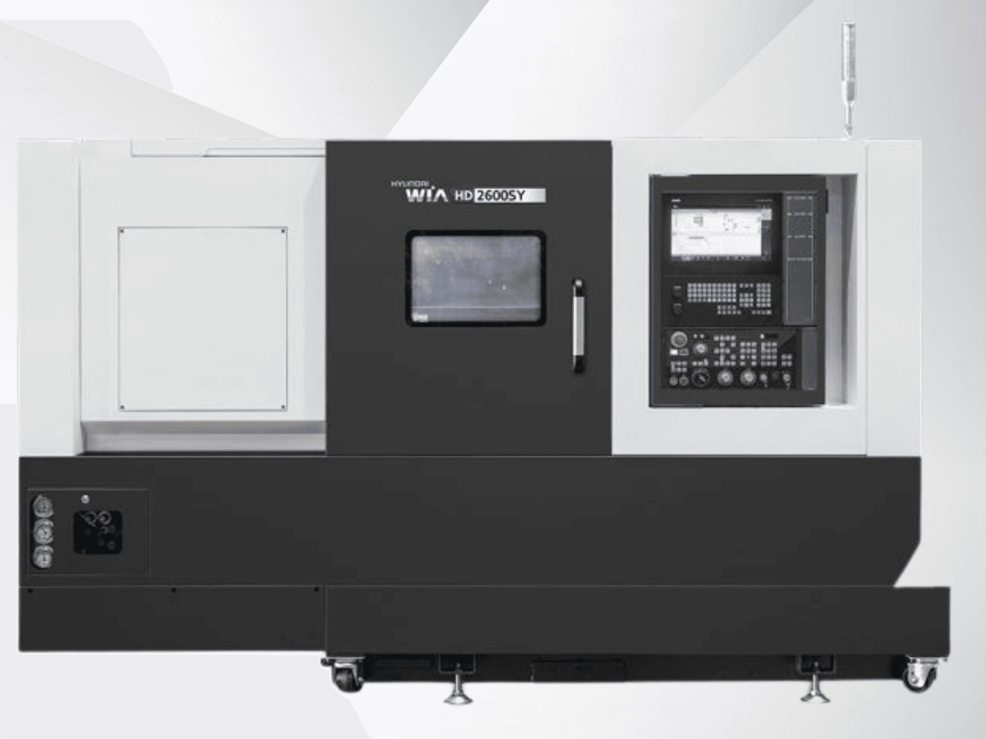 Hyundai WIA HD 2600SY CNC-svarv, framifrån; inkluderar digital kontrollpanel och förvaringsutrymme för verktyg, visar tekniska funktioner.