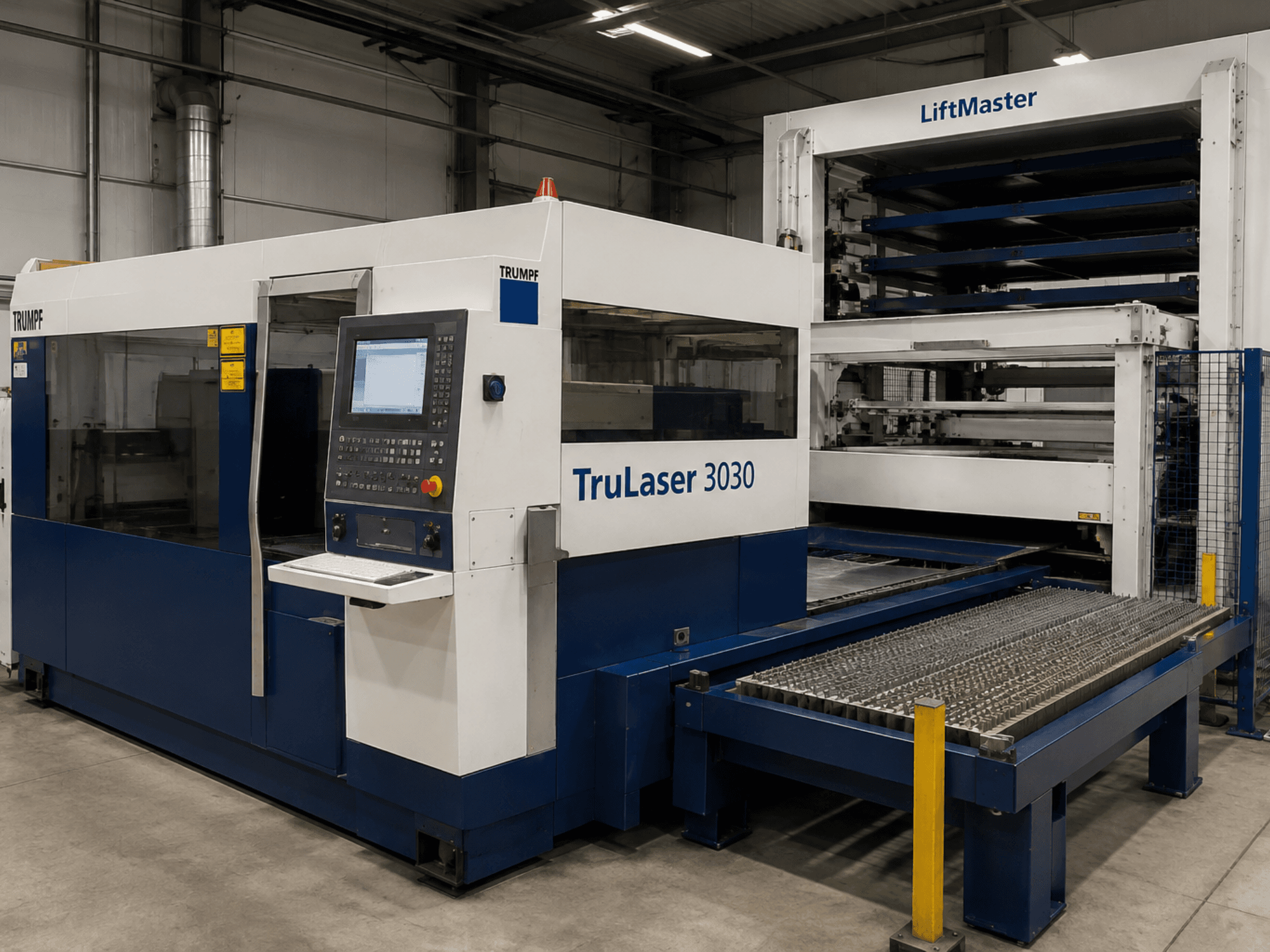 Framifrån sett på TRUMPF TruLaser 3030 CO₂-laserskärmaskin med LiftMaster, med manöverpanel och plåtbord.