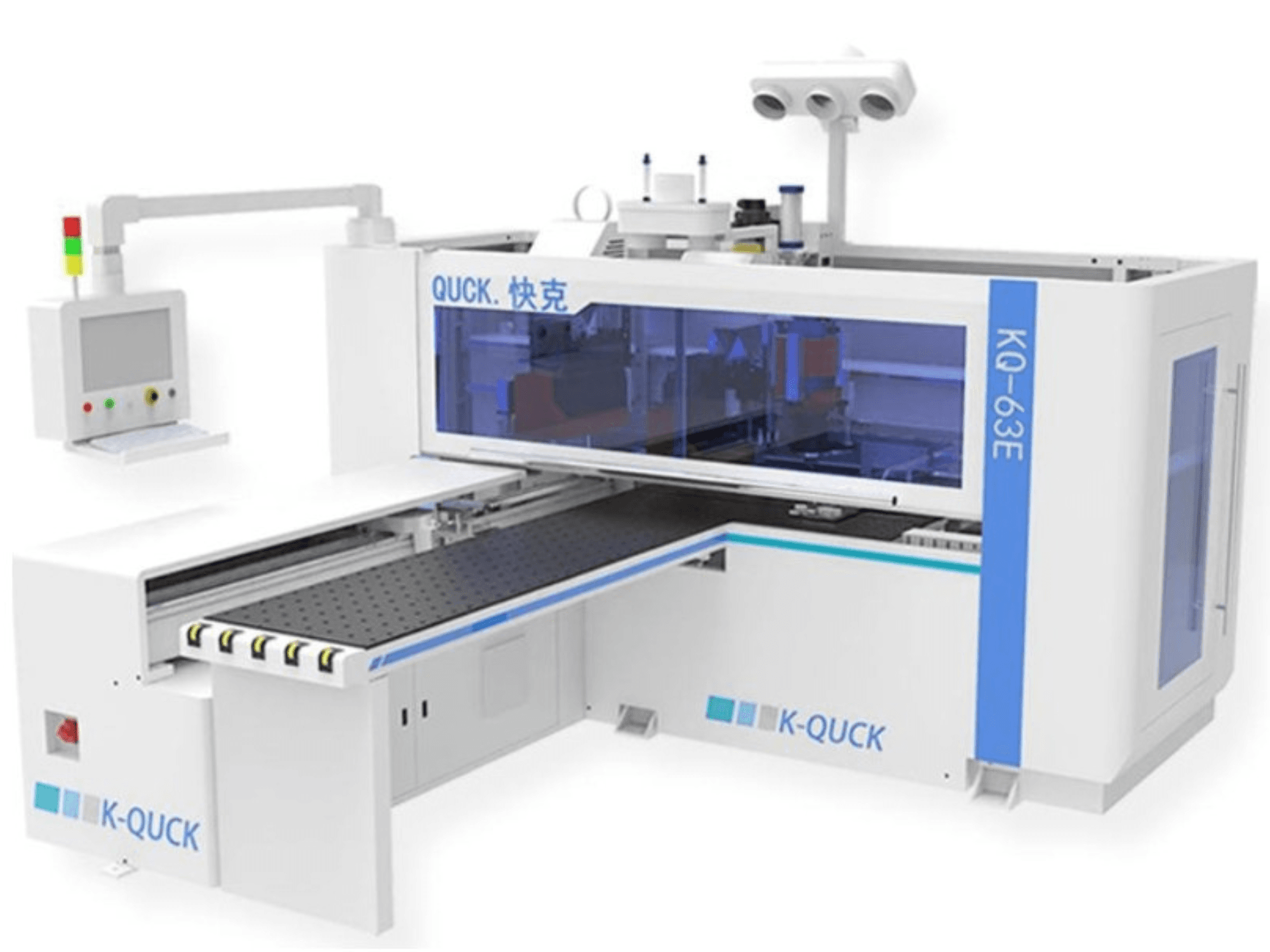 K-QUICK KQ-63E maskin, framifrån, har kontrollpanel, transparent hölje och en platt transportör med flera rullar.