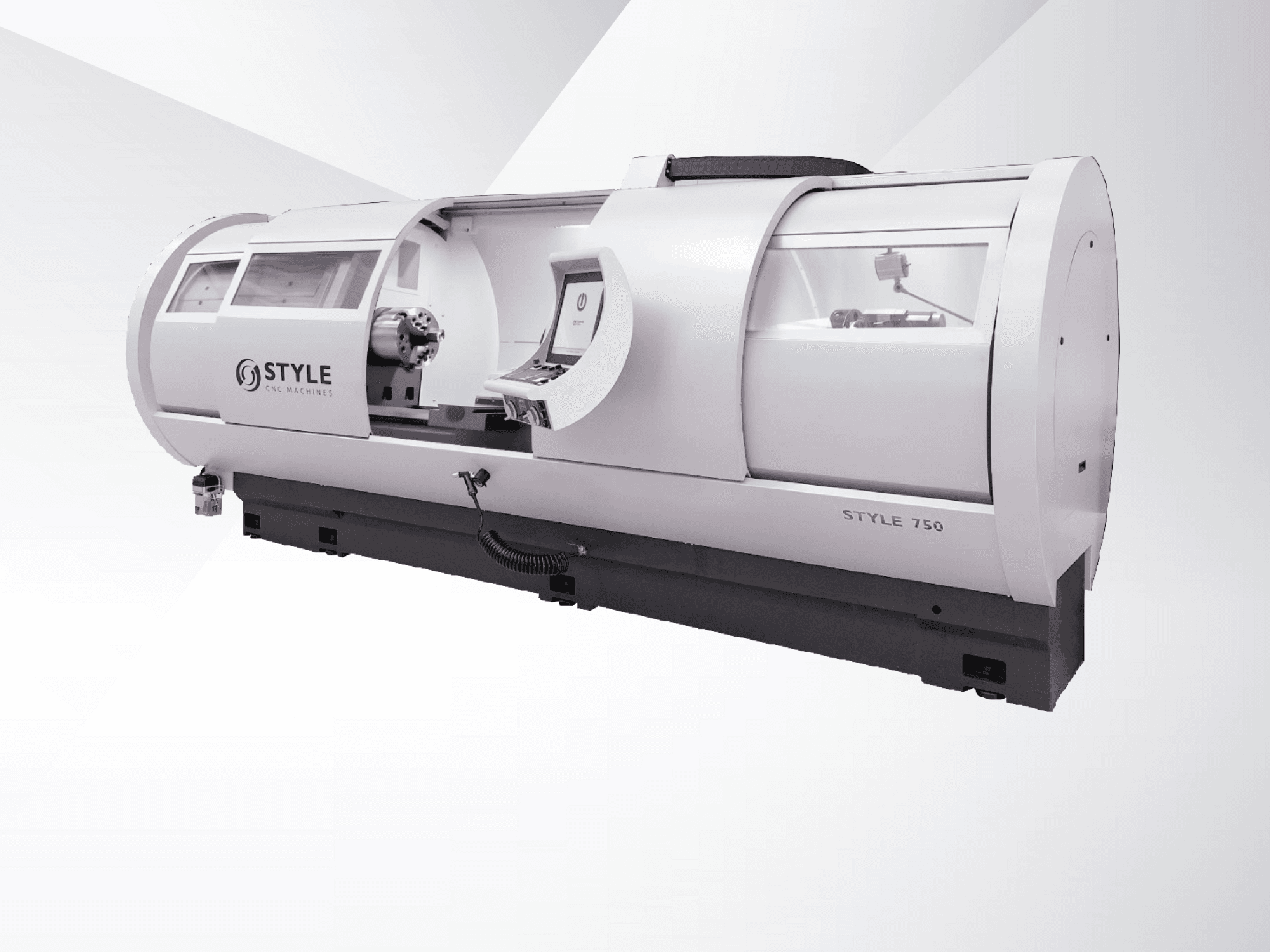 STYLE 750 CNC-svarv, framifrån, har stort fönster, kontrollpanel och precisionsmekanik för avancerad bearbetning.