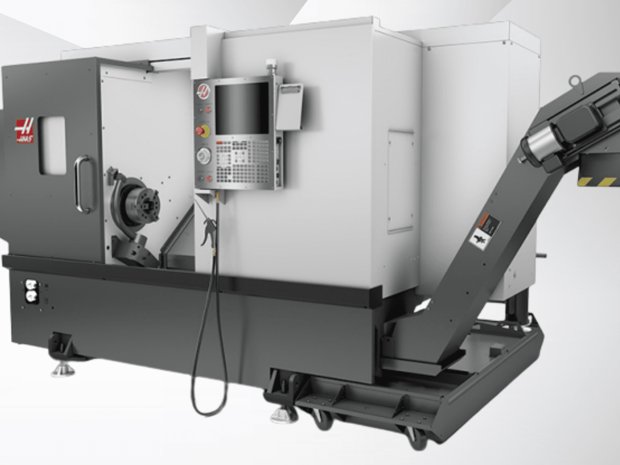 Haas ST-20 horisontell svarv; framifrånvy som visar kontrollpanelen, spindeln och spåntransportörens utformning.