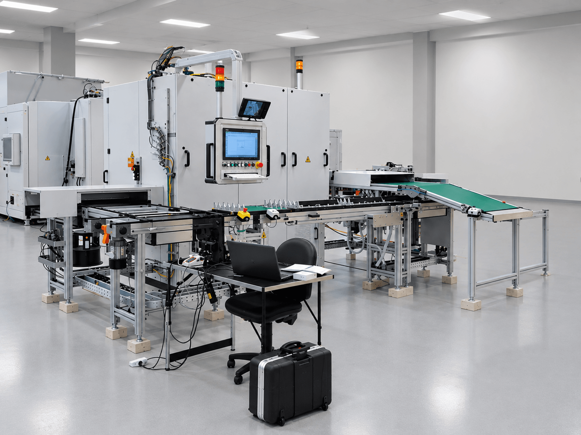 CLEAN LASER clean CELL 3220 verktygsmaskin, framifrån; utrustad med transportsystem och övervakningsgränssnitt.