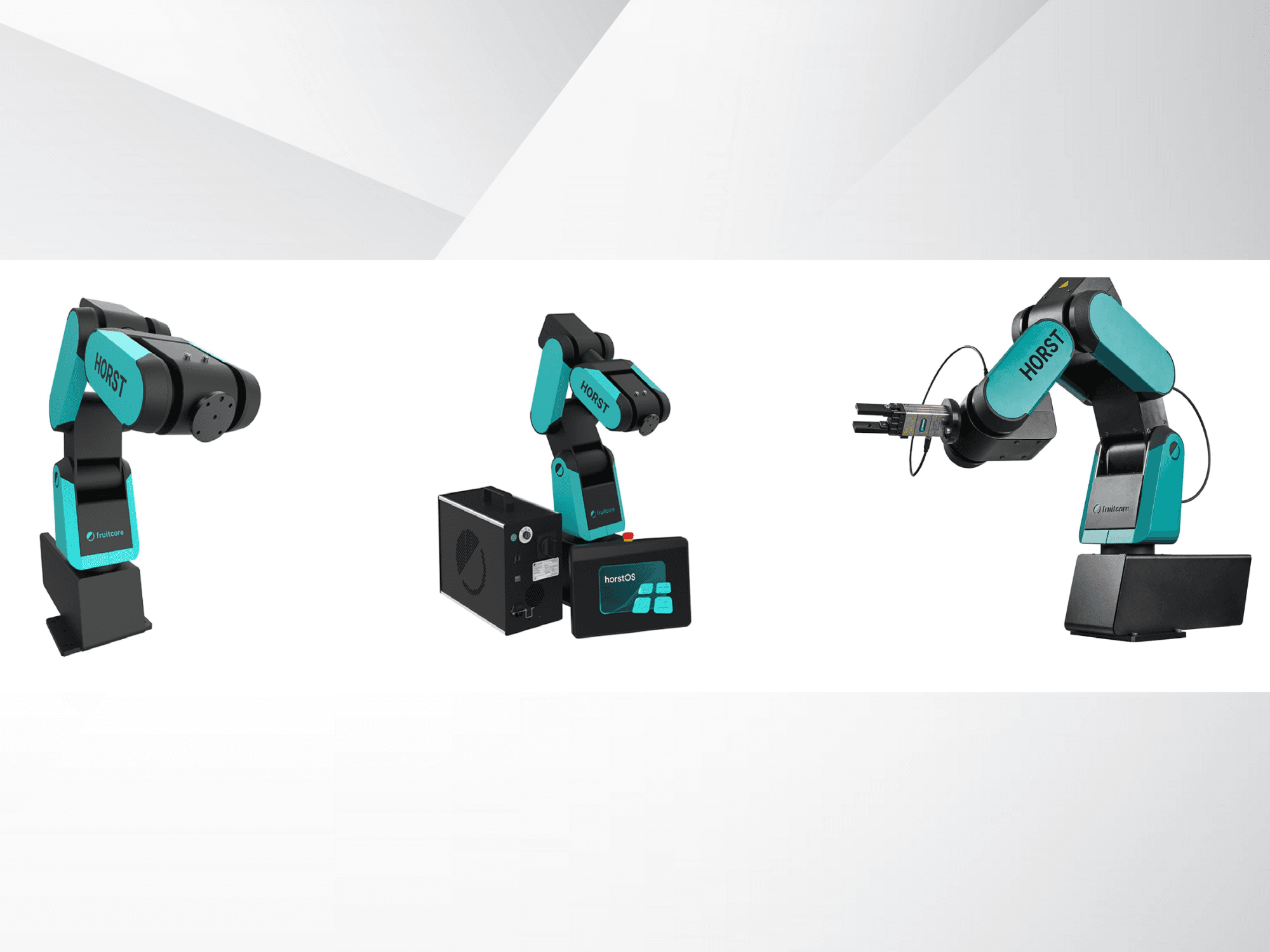 Tre vyer av robotarmen Horst från Fruitcore, med svart och blågrön design, kontrollpanel och gripartillbehör.