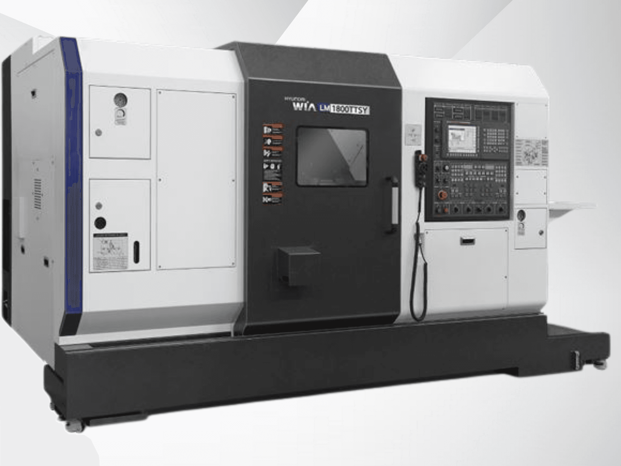 Hyundai LM1800TTSY CNC-svarv, framifrån, har kontrollpanel, svartvitt yttre och manöverknappar.
