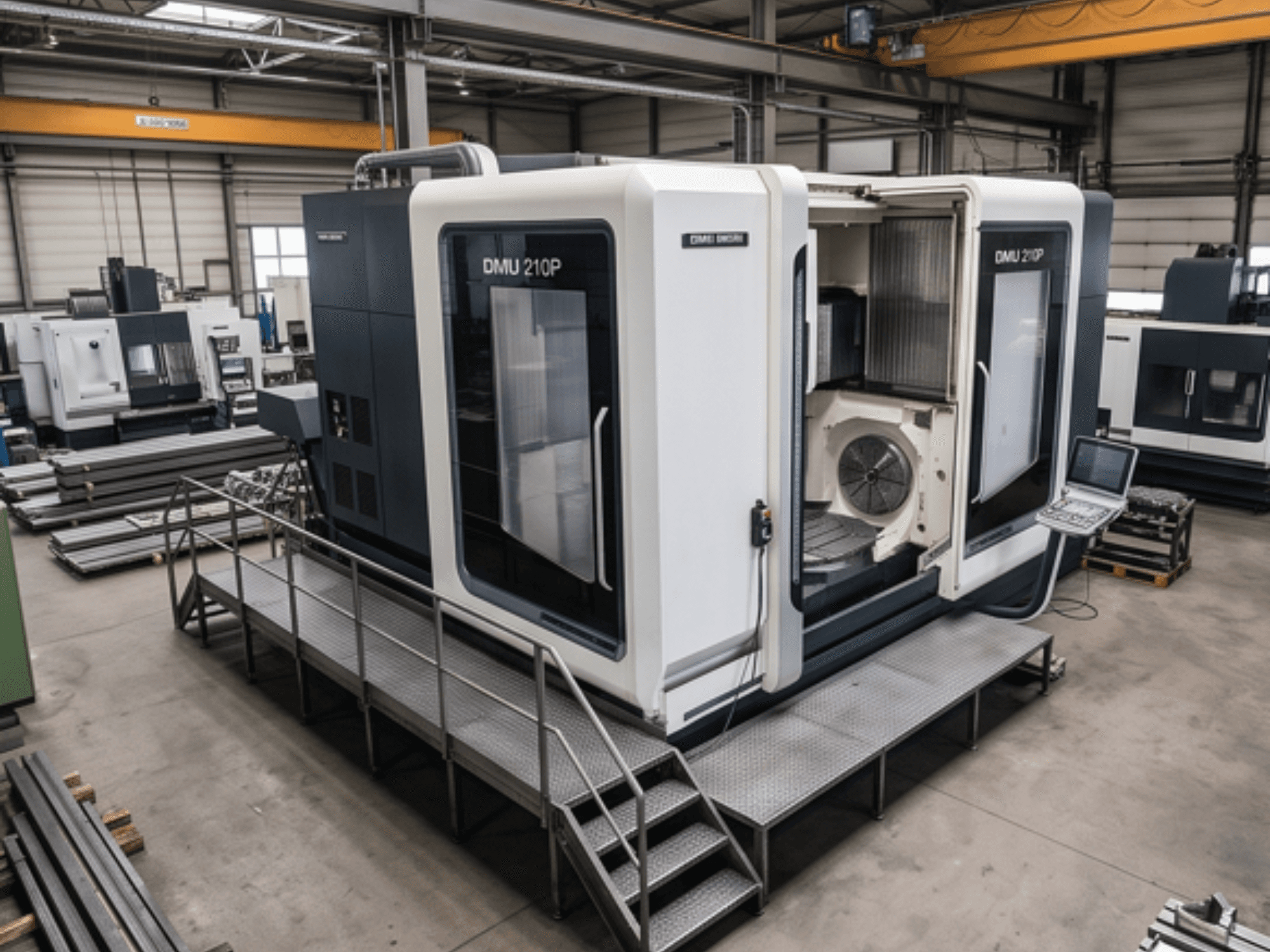 DMG MORI DMU 210P universellt bearbetningscenter i en verkstad, sidovy som visar kontrollpanelen och åtkomstplattformen.