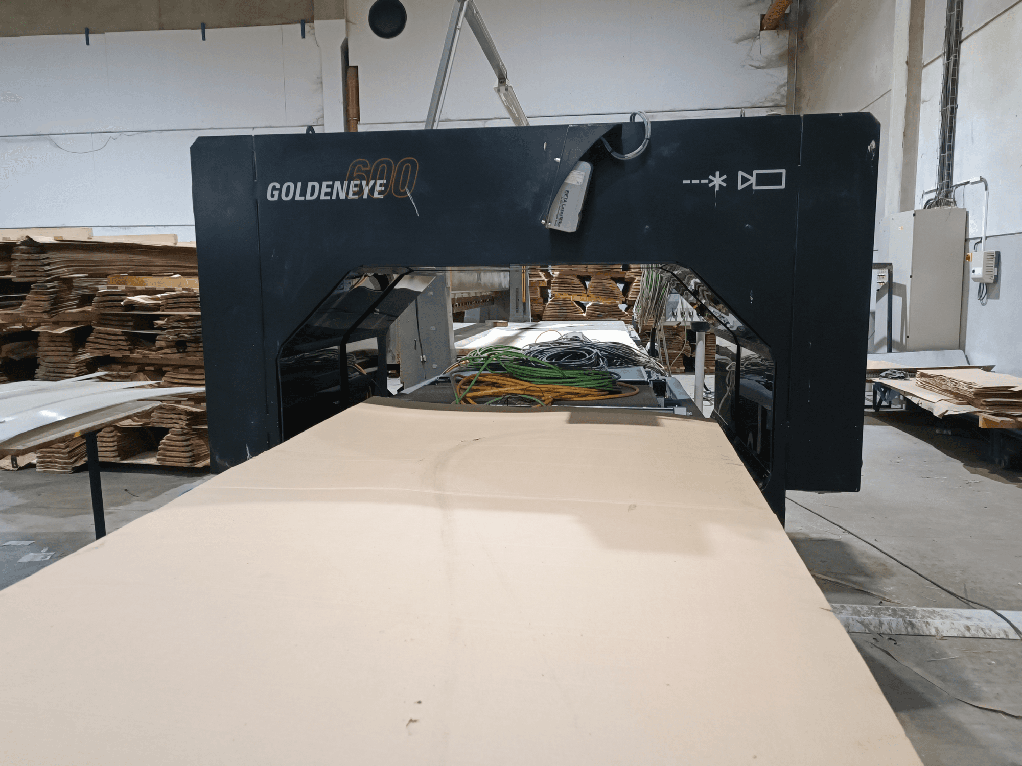 Microtec GOLDENEYE GLD 600 DSC träbearbetningsmaskin framifrån, med stor skäryta och utrustning i verkstadsmiljö.